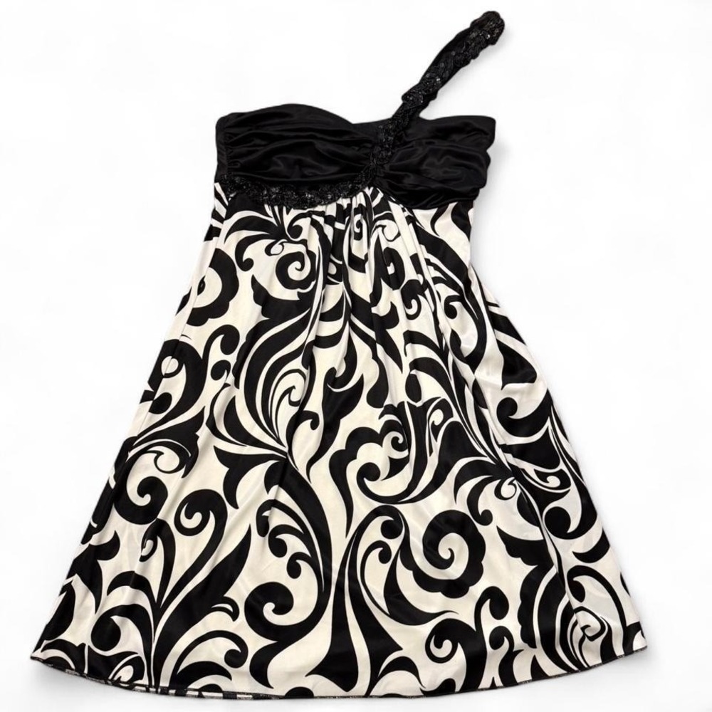 B. Darlin Womens One Shoulder Damask Print Cocktail Dress Black White Sequin 7/8